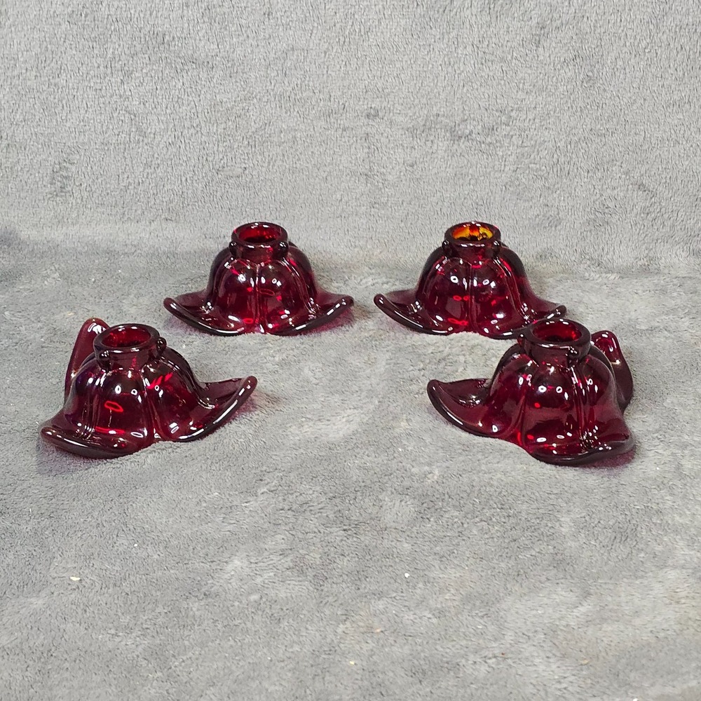 Vintage Ruby Red Glass Flower Candle Holders Set of 4 Star Shape Retro Decor
